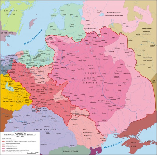 Mapa Polski za panowania Władysława II Jagiełły (1386 - 1434)