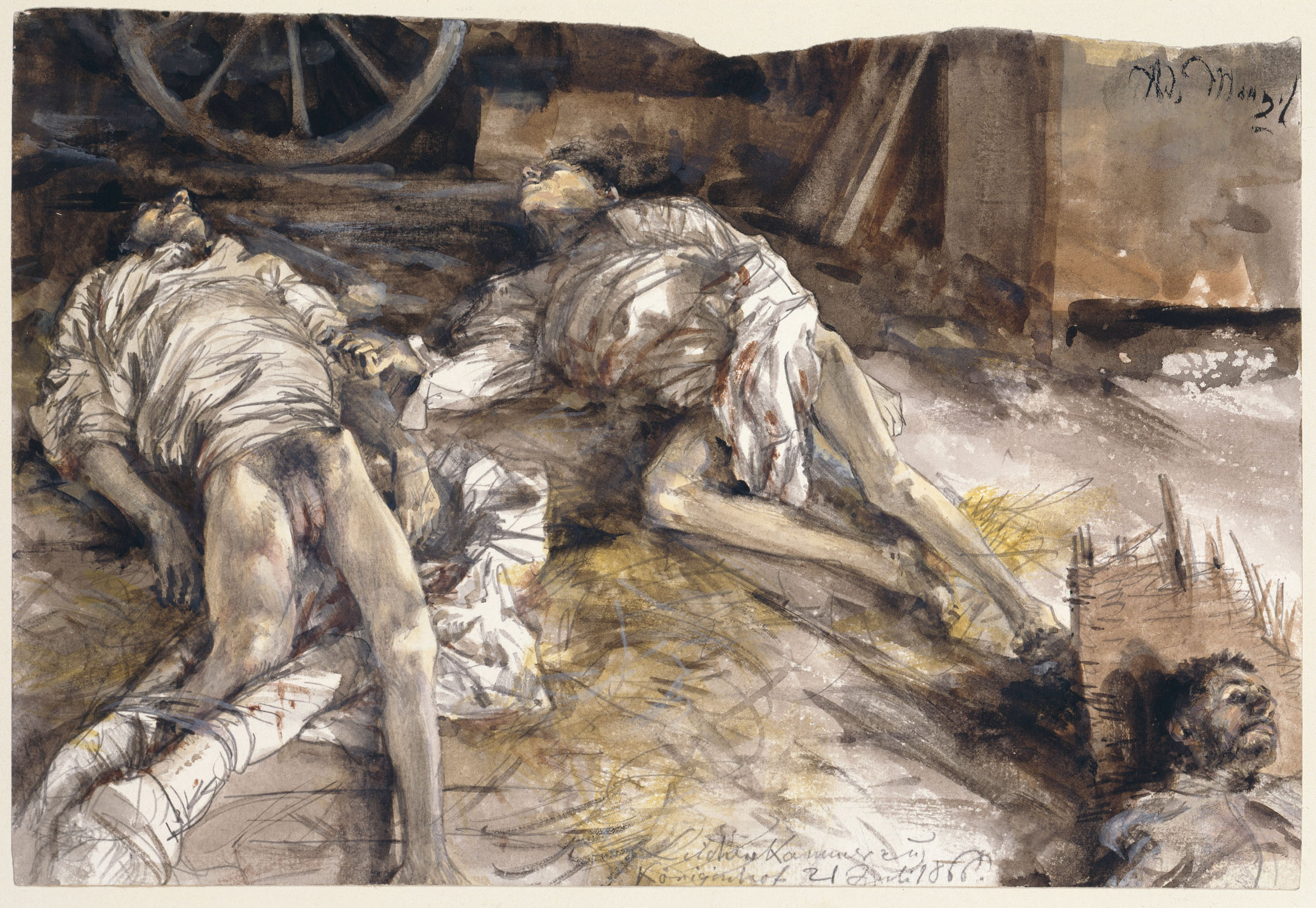 Drei gefallene Soldaten in einer Scheune
