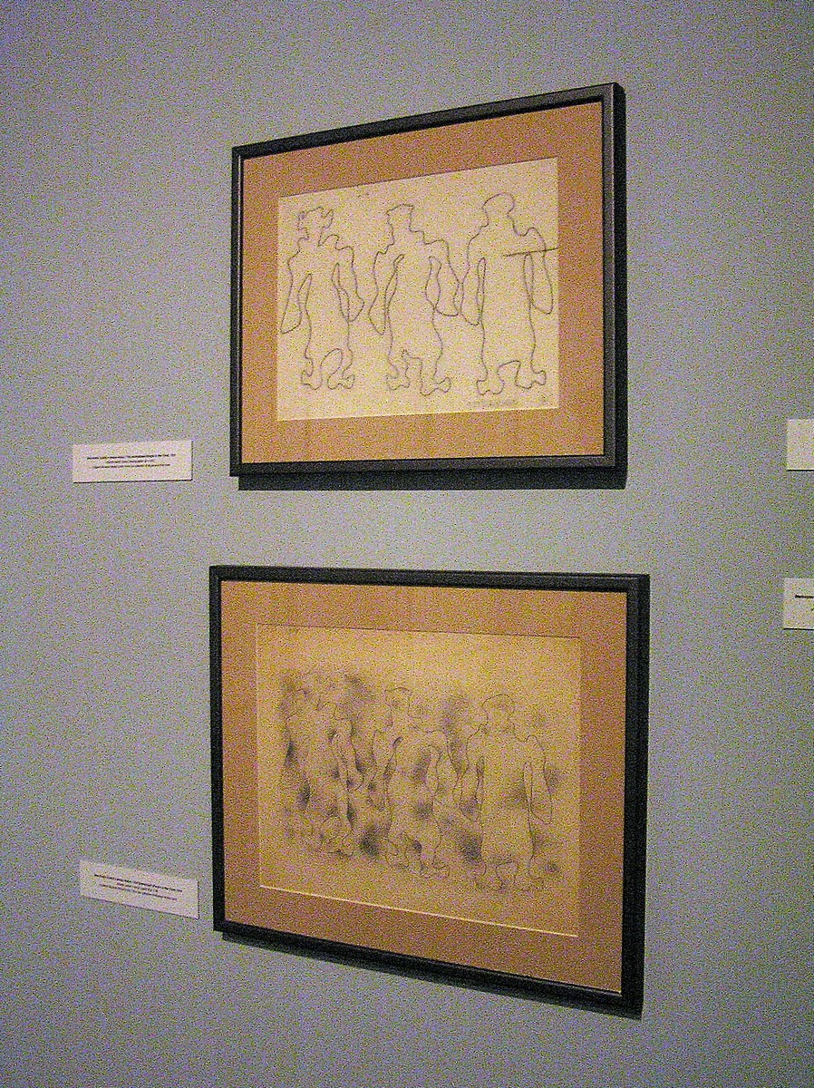 U góry: Bezrobotni (Ludzie z okresu wojny), 1939 (ołówek, kalka), niżej: Bezrobotni (Ludzie z okresu wojny), 1939 (ołówek, papier).