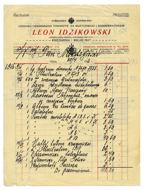 Rachunek z księgarni Leona Idzikowskiego, 25 kwietnia 1918