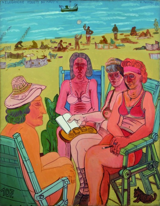 Edward Dwurnik, „Eleganckie kobiety na plaży”, akryl, olej, płótno, 8 X 1974 (dzięki uprzjemości wydawcy albumu SPORTOWCY // EDWARD DWURNIK)