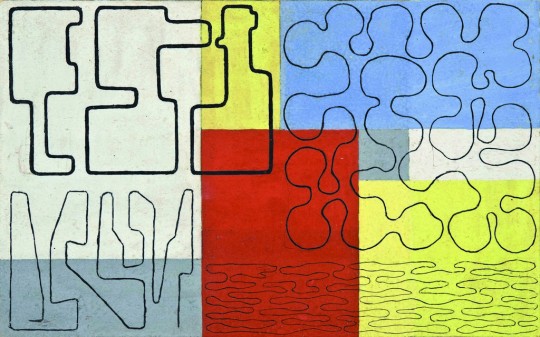 Samuel Szczekacz, „Konstrukcja”, ok. 1937, gwasz, deska, 15 x 24 cm, Galerie Berinson, Berlin © Rodzina Zur, Izrael (dzięki uprzejmości Galerii Atlas Sztuki w Łodzi)