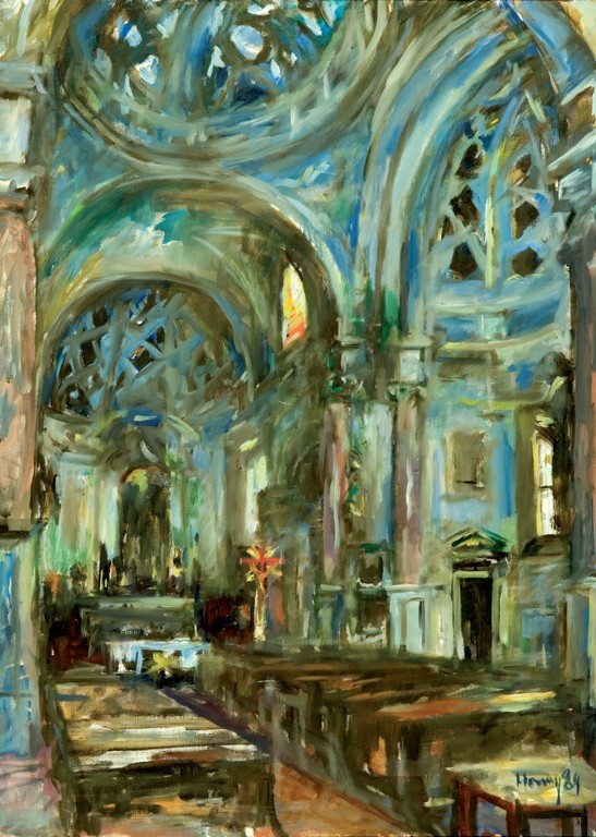 „Wnętrze katedry projektu Antonio Bibieny w Villa Pasquali” (Sabbioneta), olej na płótnie, 80 x 60 cm, 1984 r., z kolekcji E. Azzini
