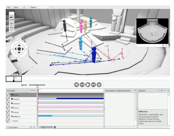 Zrzut ekranu programu SET (Simulated Environment for Theatre) – środowisko 3D do czytania i badania sztuk teatralnych (źródło: http://humviz.org/set/)
