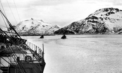 14 maja 1940, „Chrobry” wypływa z portu Harstad w Norwegii. Fot. Józef Dąbkowski