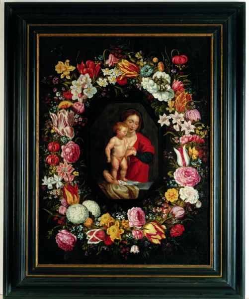 Jan Brueghel Starszy i Pieter Paul Rubens, „Madonna z Dzieciątkiem w girlandzie kwiatów”, 1616-1618, 64,5×49 cm, kat.14 (źródło: materiały prasowe organizatora)