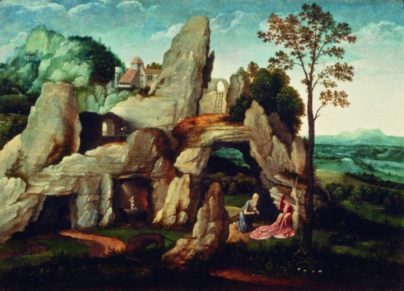 Joachim Patinir, „Św. Hieronim w skalistym krajobrazie”, 1515-1520, 30×41 cm, kat. 59 (źródło: materiały prasowe organizatora)