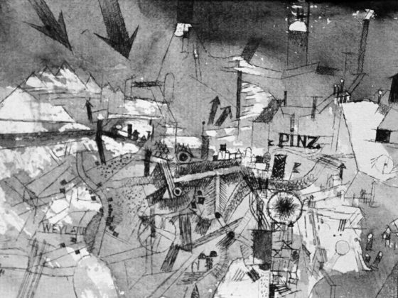 Paul Klee, „Ansicht der schwer bedrohten Stadt Pinz” [„Widok na poważnie zagrożone miasto Pinz”], 1915 (źródło: Wikimedia Commons