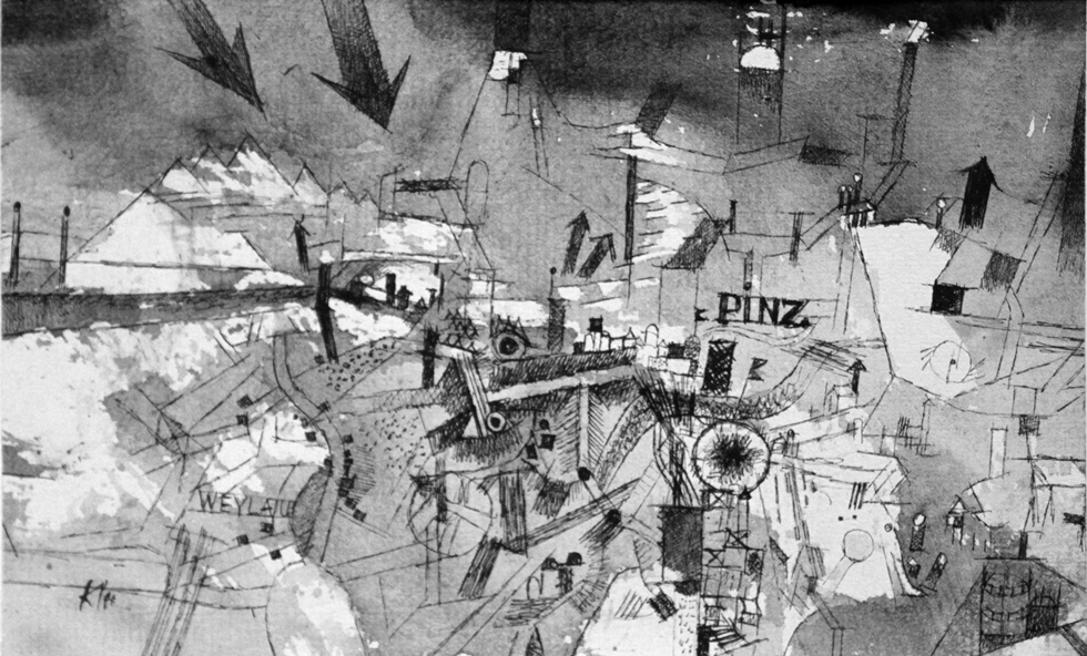 Paul Klee, „Ansicht der schwer bedrohten Stadt Pinz” [„Widok na poważnie zagrożone miasto Pinz”], 1915 (źródło: Wikimedia Commons