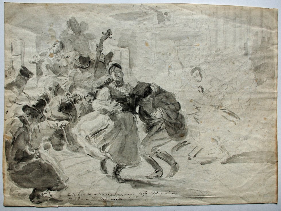 Józef Chełmoński, „Oberek” [Un danse pologne], 1878, jedna ze stron rysunku obustronnego [„Oberek/W Sudanie”], biały papier, pędzel, czarny tusz lawowany na szkicu ołówkowym, 33,4 × 43,8 cm, Muzeum w Łowicz, ekspozycja stała. Wzdłuż dolnej lewej krawędzi znajduje się napis – atest stwierdzający autorstwo rysunku; wykonany piórem i czarnym atramentem przez córkę malarza Jadwigę: Autentyczność szkicu śp. Ojca mego Józefa Chełmońskiego / stwierdzam J. Chełmońska (źródło: dzięki uprzejmości Moniki Nowakowskiej)