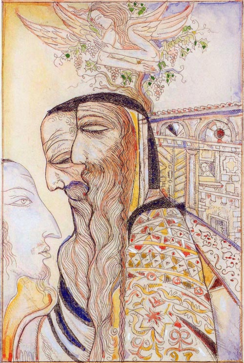 Leszek Rózga, „Kabaliści”, 1998, akwaforta, akwarela, 27 × 17,5 cm (źródło: dzięki uprzejmości artysty)