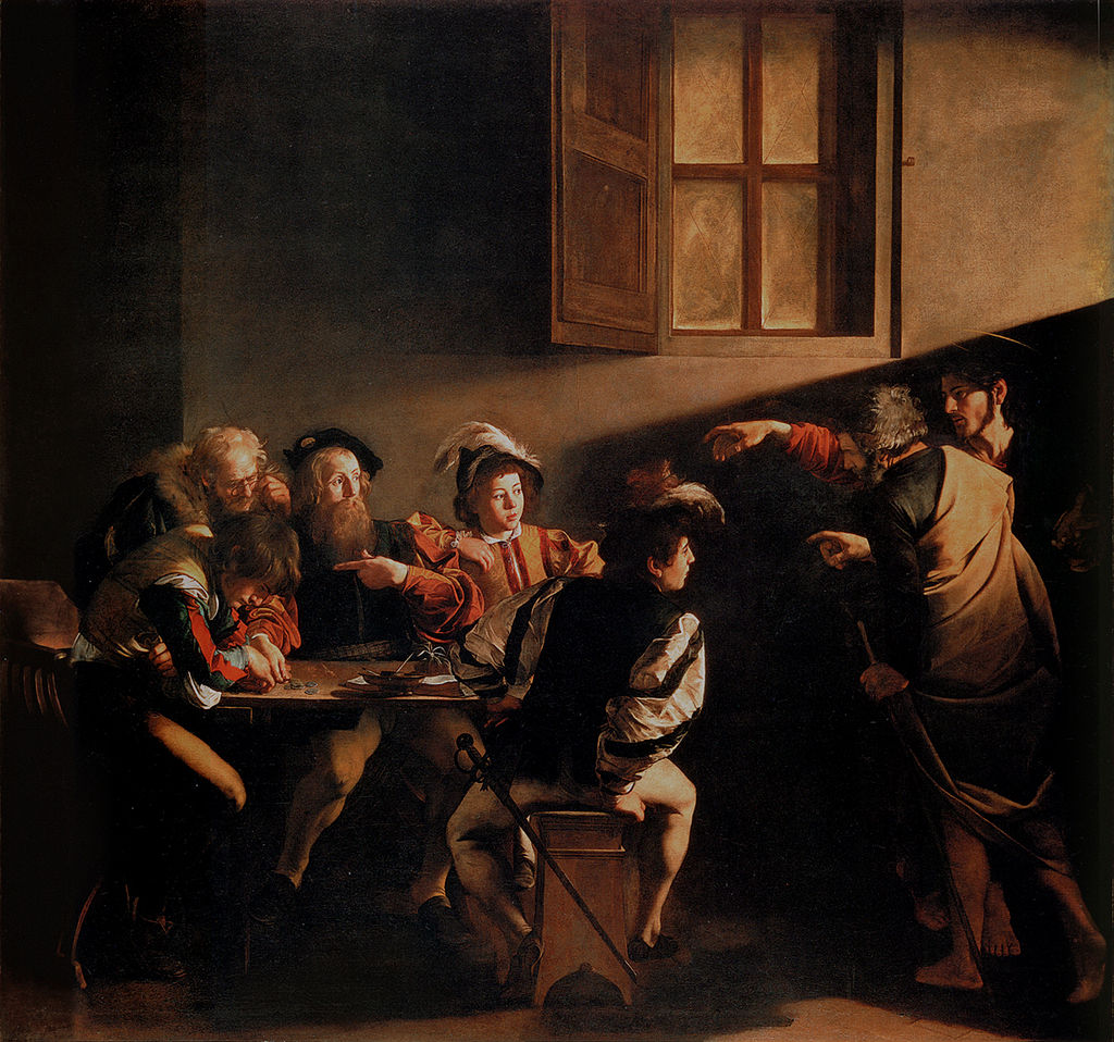 Michelangelo Merisi da Caravaggio, „Powołanie świętego Mateusza“, 1599-1600, praca powstała na zamówienie kardynała del Montego (źródło: Wikipedia, na podstawie licencji Creative Commons)