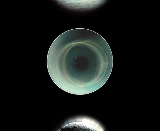 Zestawienie (od góry): Formacje chmur w atmosferze Jowisza; Sławomir Decyk, „Cyklografia (S), 2-8.2.2003”; Kurt Buchwald, „Krag percepcji”, 2006 (źródło: dzięki uprzejmości Jerzego Olka)