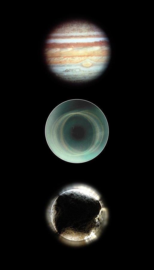Zestawienie (od góry): Formacje chmur w atmosferze Jowisza; Sławomir Decyk, „Cyklografia (S), 2-8.2.2003”; Kurt Buchwald, „Krag percepcji”, 2006 (źródło: dzięki uprzejmości Jerzego Olka)