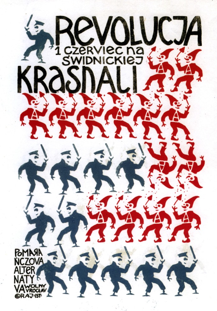 Jacek Ponton Jankowski, „Rewolucja Krasnali”, plakat dla Pomarańczowej Alternatywy, 1989, fot. archiwum J. Pantona Jankowskiego (źródło: materiały kwartalnika Artluk)