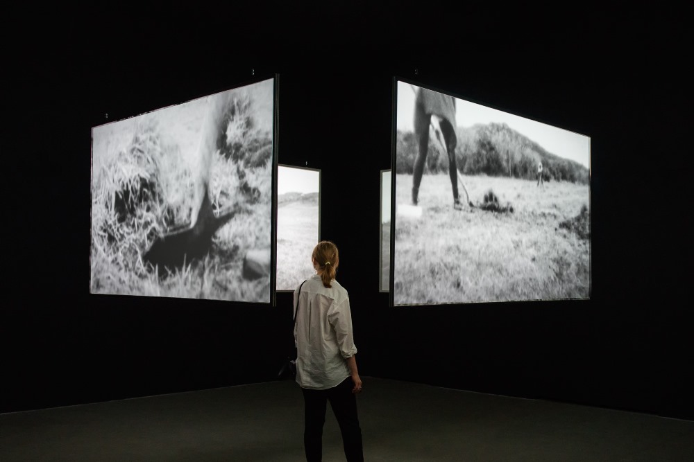 Ella de Burca, „The Compromise (A White Sphere In A Black Hole in A White Cube)”, 2014, Czterokanałowa instalacja / Four-channel installation, digitalizowany 16mm film cyfrowego wideo, 8 minut / Digitized 16mm film of a digital video, 8’00. Dzięki uprzejmości artystki / Courtesy of the artist. Podziękowania dla / Thank you to: Michael Higgins, Sinead Spring, Adrien Merigeau, Julien Rengard, Steve O'Connor & Conor McCague (źródło: materiały prasowe CSW w Warszawie)