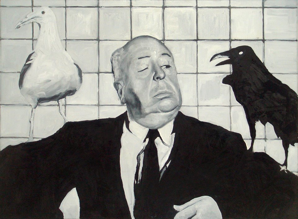The Krasnals, „Jak humanitarnie traktować ptaki Hitchcocka, zarówno białe, jak i czarne”, 2014, olej, płótno, 50x70 cm, fot. The Krasnals (źródło: dzięki uprzejmości autora)