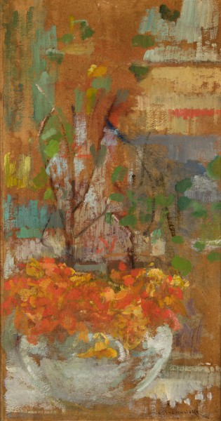 „Nasturcje” („Kompozycja z nasturcjami”), ok. 1906, Olej, tektura, 56 × 29 cm Sygn. p. d. Olga Boznańska, Muzeum Narodowe w Krakowie, nr inw. MNK II‑b‑1748 (310 978), Zakup, 1966 (źródło: materiały prasowe organizatora)