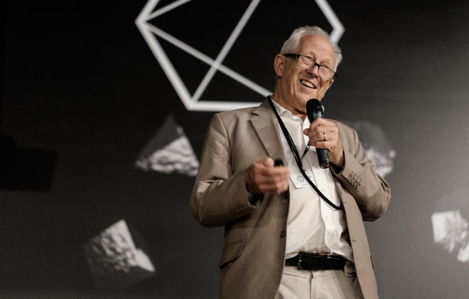 Prof. George Ellis, wykład w ramach Festiwalu Kopernika, Kraków, 19 maja 2015 r., fot. Kamila Zarembska / TP (źródło: dzięki uprzejmości organizatora)