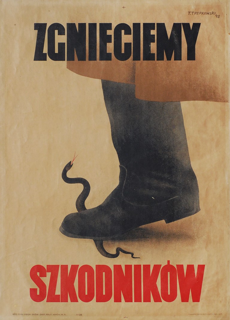 Tadeusz Trepkowski, „Zgnieciemy szkodników”, 1945, plakat, Muzeum Niepodległości w Warszawie (źródło: materiały prasowe Zachęty Narodowej Galerii Sztuki)