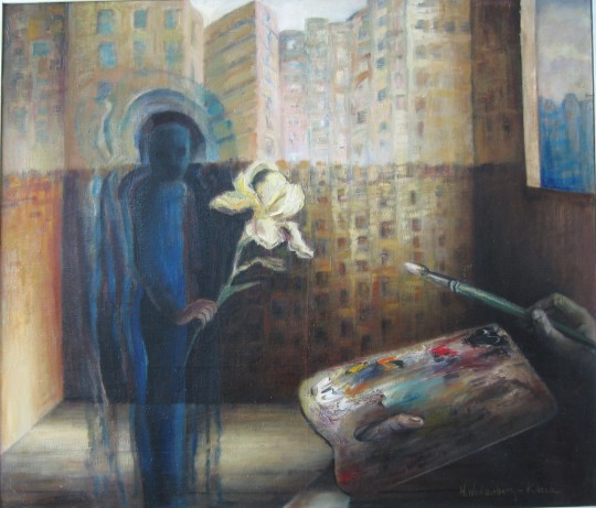 Maria Wollenberg-Kluza, „Pracownia. Kwiat”, olej, płótno, 115×130 cm (źródło: dzięki uprzejmości artystki)