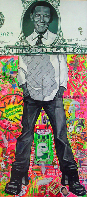 Whielki Krasnal, „Barak Obama w Las Vegas. Afera hazardowa” z cyklu „Brothers in Arms”, akryl na płótnie, 270×120 cm, 2009 (źródło: dzięki uprzejmości artystów)