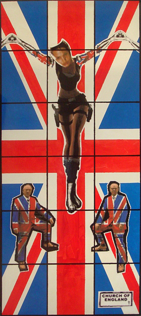 Whielki Krasnal, „Church of England wg Gilberta George'a. Angelina Jolie vel Lara Croft” z cyklu „Brothers in Arms”, akryl, technika mieszana na płótnie, 270×120 cm, 2009 (źródło: dzięki uprzejmości artystów)