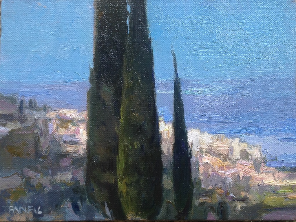 Józef Panfil, Cyprysy z Toledo, 2016, olej, płótno 18x24 cm (źródło: dzięki uprzejmości artysty)