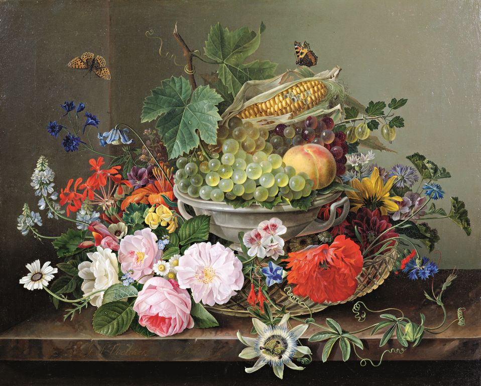 Gottfried Wilhelm Voelcker, „Martwa natura z kwiatami i koszem owoców”, 1827, Muzeum Miejskie Wrocławia, 2016 (źródło: dzięki uprzejmości Muzeum)
