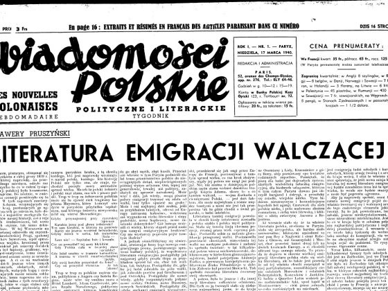 „Wiadomości Polskie Polityczne i Literackie” 1940, nr 1 (źródło: Kujawsko-Pomorska Biblioteka Cyfrowa, domena publiczna)