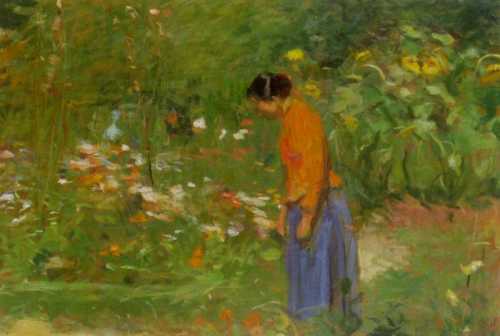 Wojciech Weiss, W ogrodzie. Czerwona bluzka, Strzyżów, 1899