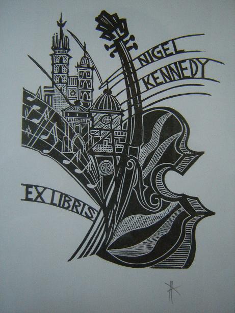 Exlibris Nigela Kennedy autorstwa Krzysztofa Kmiecia