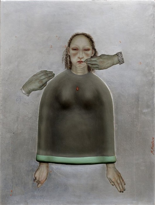 Magda Moskwa,2009r, deska, relief w zaprawie kredowej, olej srebro, 46x34cm