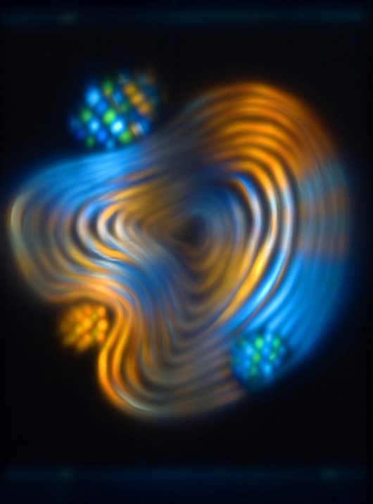 Frank J. Malina - Vortex and three molecules, kinetic painting, Lumidyne system, 86x66 cm, 1965