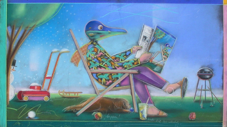 Andrzej Dudziński, Niedzielna prasówka, 1985, kredka olejowa i pastel, 58x104 cm, materiału udostępnione przez Galerię Grafiki i Plakatu na Hożej