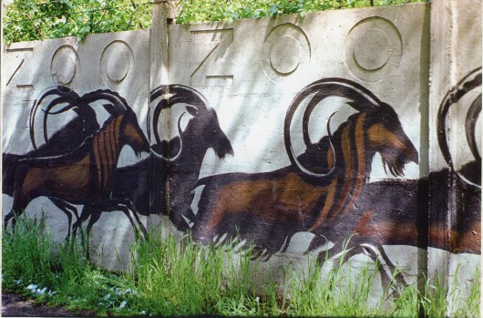 Jerzy Wołoszynowicz, fragmenty malowidła ściennego wykonanego w 1977 roku na murze wrocławskiego Ogrodu Zoologicznego, stan z lat osiemdziesiątych XX wieku