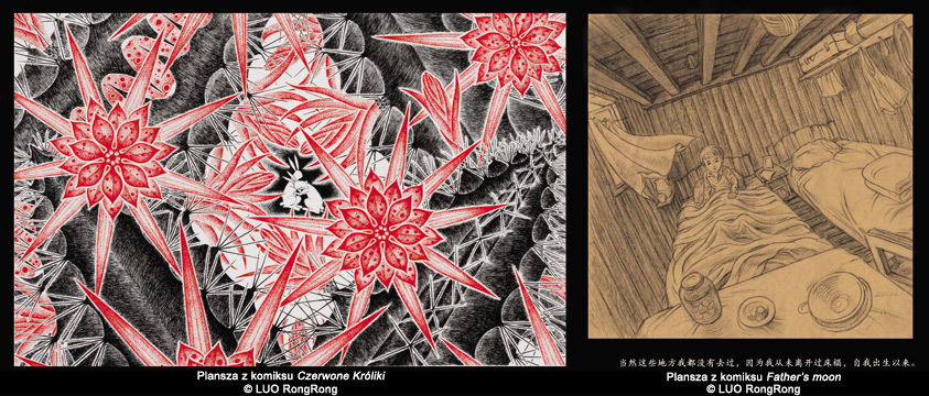 Wystawa Luo RongRong - Plansza z komiksu "Czerwone Króliki" (po lewej) i "Father's moon" (po prawej)