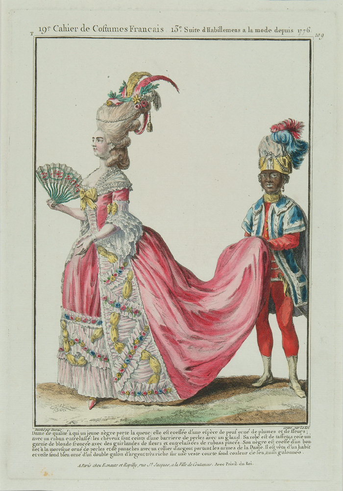 Dama w różowej sukni dworskiej, z Murzynkiem trzymającym tren, Claude-Louis Desrais (rysownik), Jacques Le Roy (grafik)