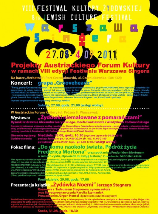 Plakat promujący projekty Austriackiego Centrum Kultury podczas Festiwalu Warszawa Singera (plakat pochodzi z materiałów udostępnionych przez organizatora)