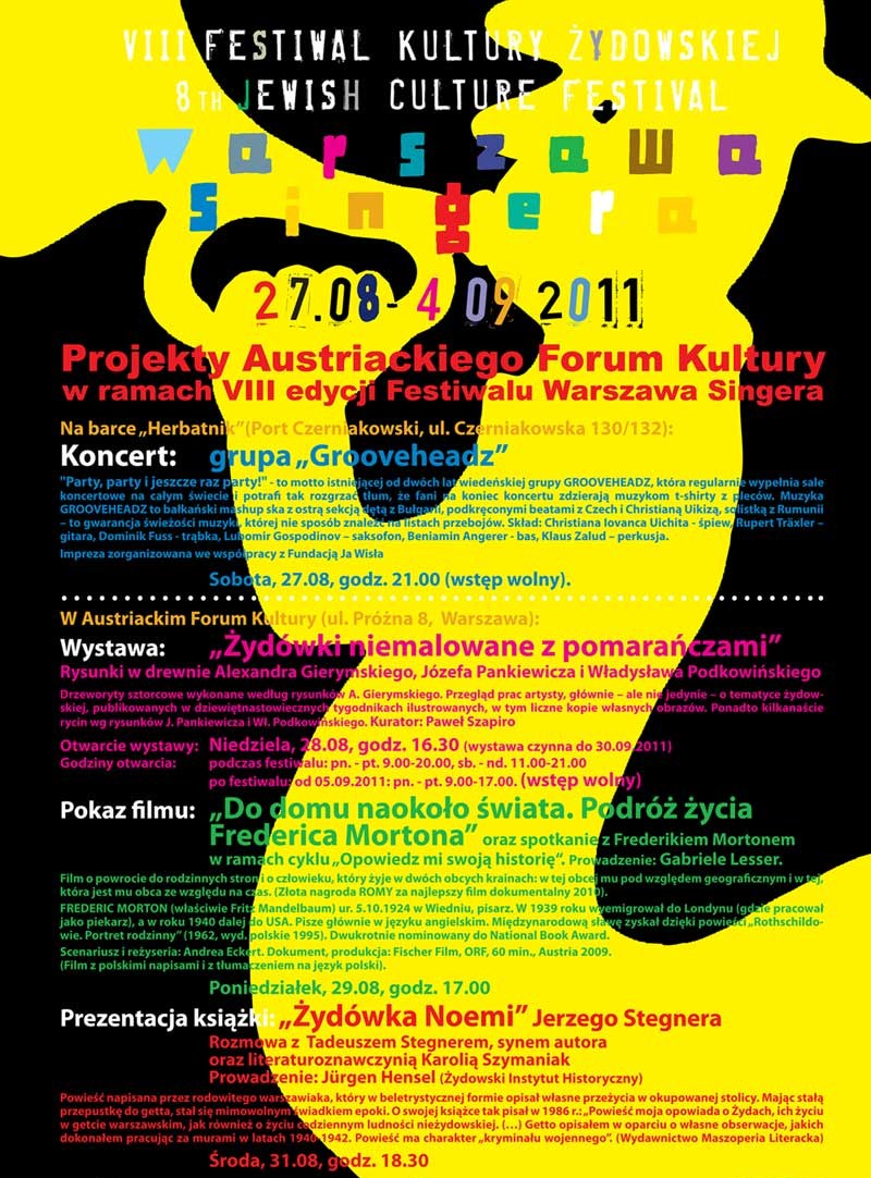 Plakat promujący projekty Austriackiego Forum Kultury podczas Festiwalu Warszawa Singera (plakat pochodzi z materiałów udostępnionych przez organizatora)