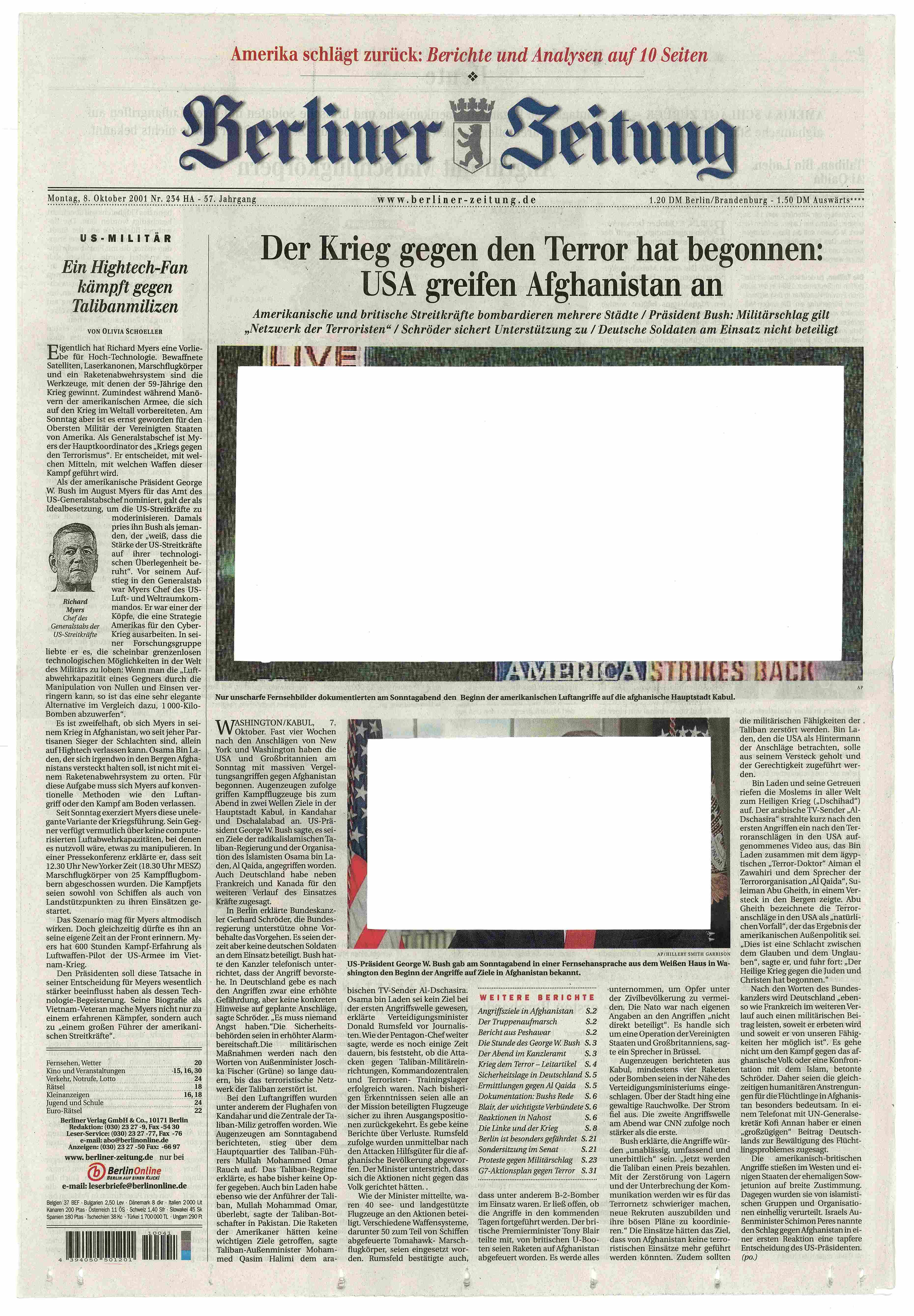 Roland Schefferski, “Berliner Zeitung, Montag, 8. Oktober 2001”, z cyklu: “Puste obrazy” (źródło: materiały prasowe organizatora).
