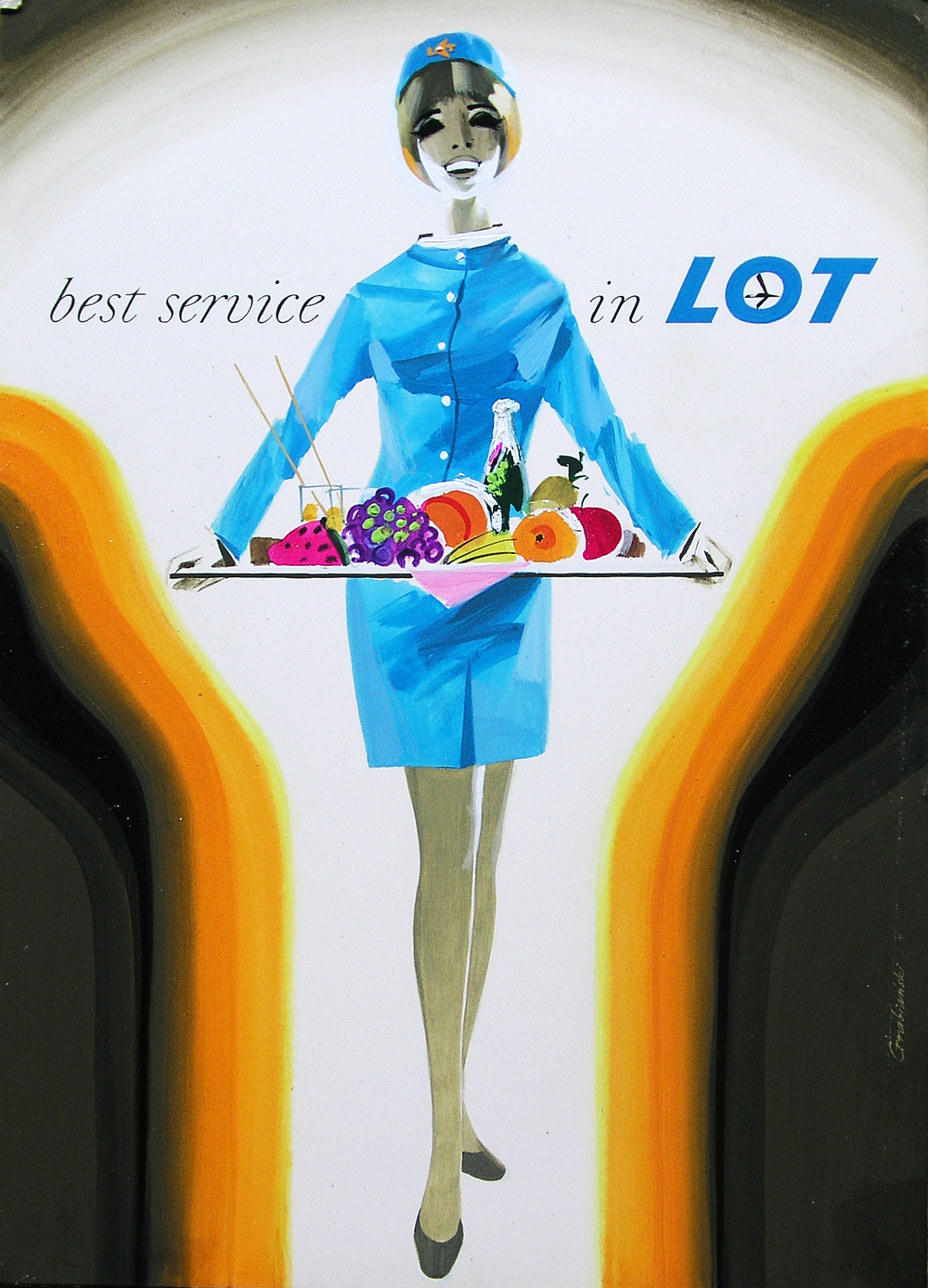 Janusz Grabiański, „Best service in LOT”, projekt plakatu ze stewardessą, 1971, 51 x 37 cm, technika mieszana, karton (źródło: materiały prasowe organizatora)