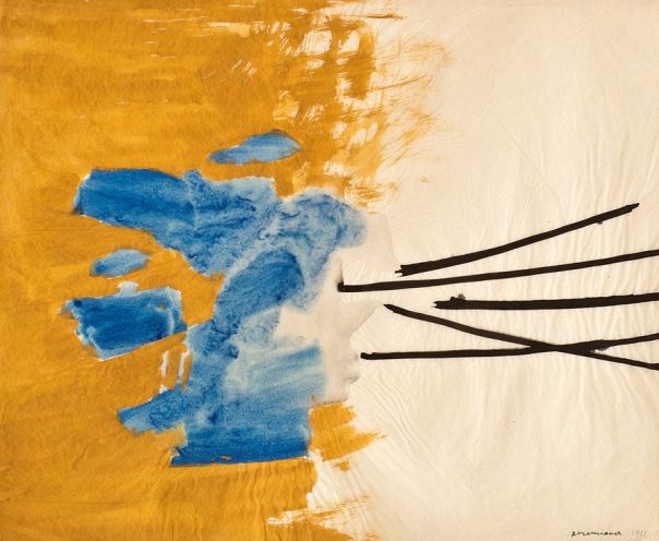 Jacek Waltoś, „Permutacje w osi poziomej (b)”, 1961, bibuła, gwasz, 35x42 cm, fot. Mirosław Sikorski (źródło: materiały prasowe organizatora)