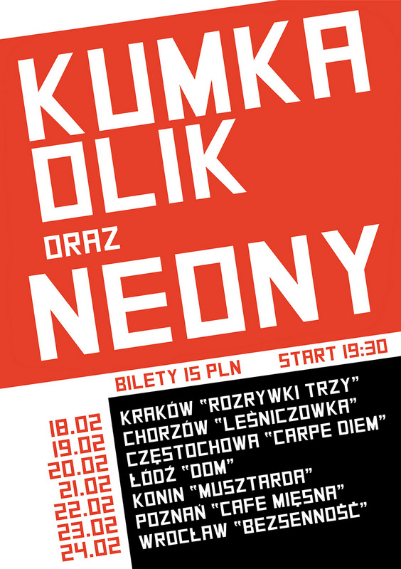 Kumka Olik i Neony, plakt trasu koncertowej (źródło: materiały prasowe)