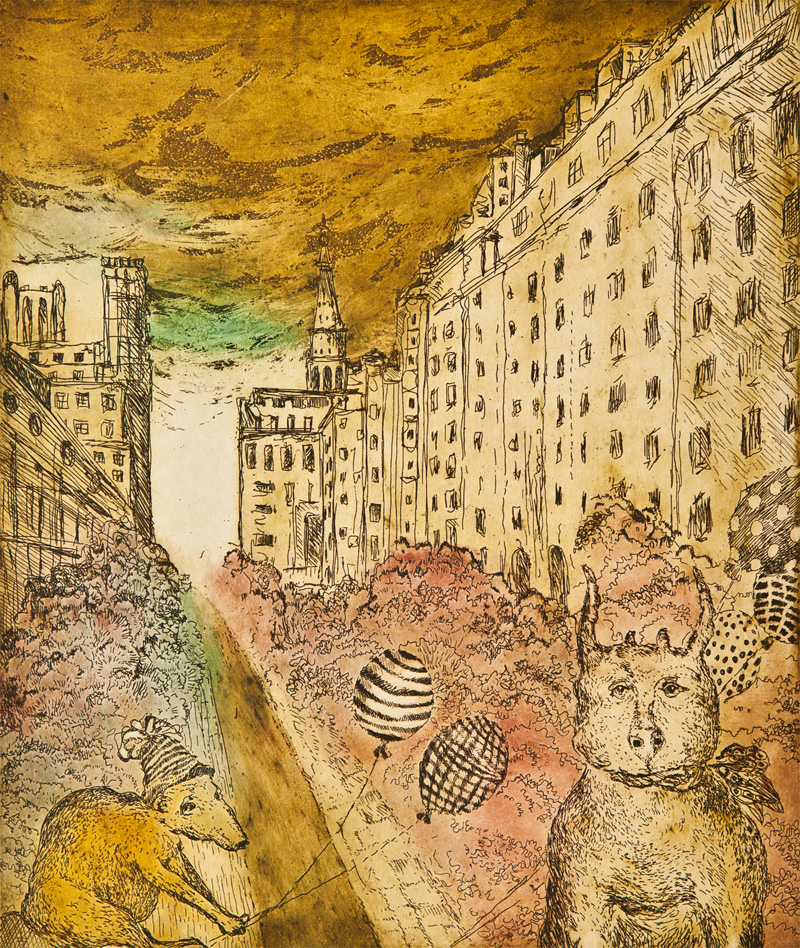 Edyta Purzycka, „Lato, wiatr i balony”, 2013, wklęsłodruk, 26,5x22,5 cm (źródło: materiały prasowe organizatora)