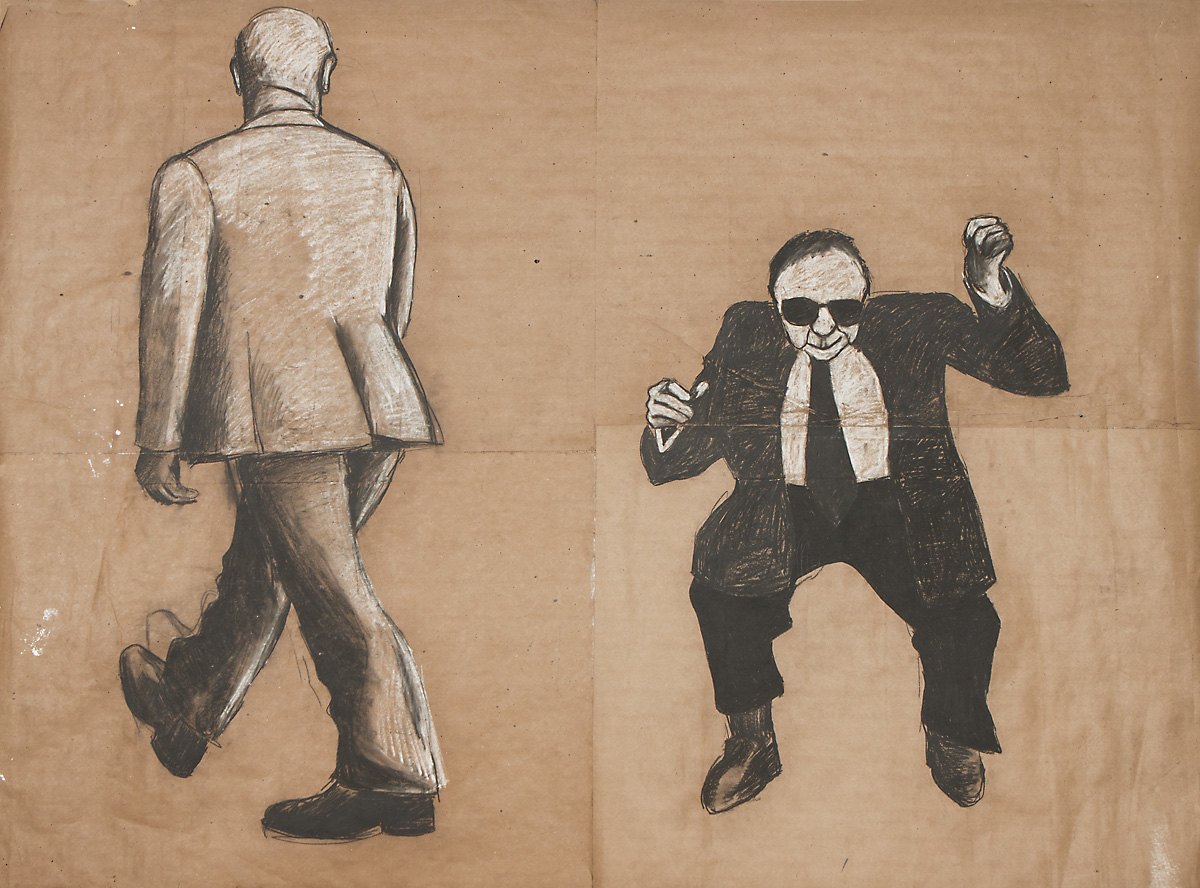 Jarosław Modzelewski, „Dwaj mężczyźni”, 1985, szary papier, węgiel, kreda, 183 x 259 cm, fot. Archiwum artysty (źródło: materiały prasowe organizatora)