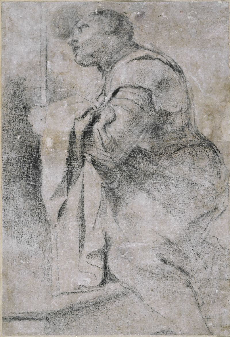 Guercino, 1591–1666, „Klęczący Święty Wilhelm z Akwitanii w zbroi” (1620), Węgiel połtłusty, szary papier, 405 x 278 mm, Pinacoteca Civica, Cento (źródło: materiały prasowe organizatora)