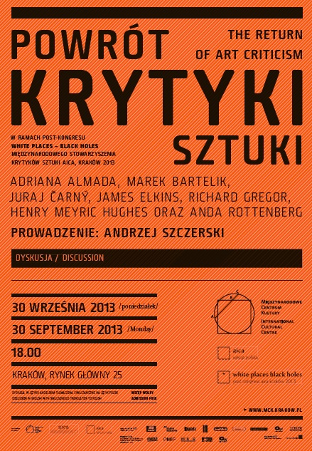 Dyskusja w ramach post-kongresu AICA „Powrót krytyki sztuki”, MCK w Krakowie, plakat (źródło: materiały prasowe organizatora)
