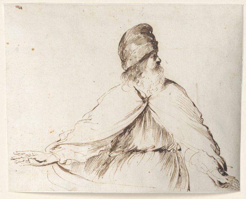 Guercino, „Starzec w wysokim nakryciu głowy”, pióro w tonie brązowym - praca prezentowana w Muzeum Narodowym w Warszawie (źródło: materiały prasowe muzeum)