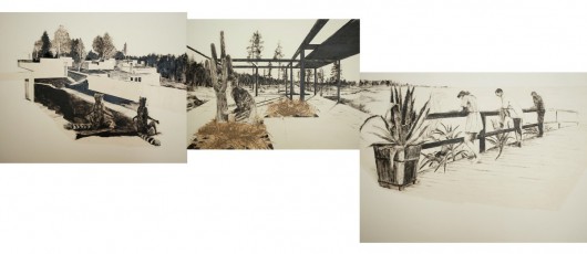 Monika Szwed, trzy rysunki z cyklu „przestępne lata” ułożone w sekwencję, 2013, fot. Kornelia Szpunar (źródło: materiały prasowe organizatora)